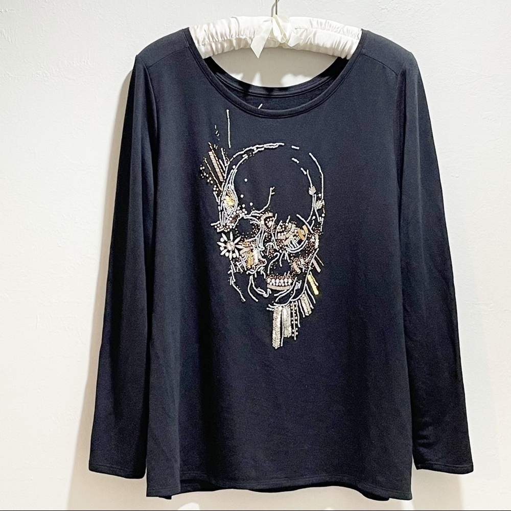 LANE BRYANT Women’s Black LS Beaded Skull Tunic